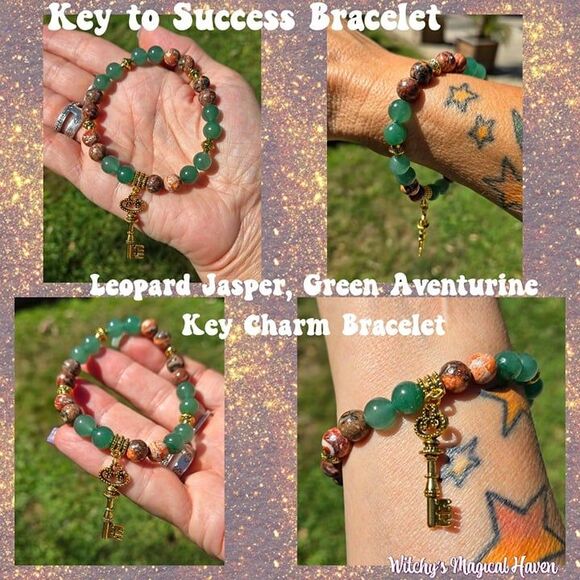 Leopard Jasper, Green Aventurine with Key Charm Bracelet - Picture 1 of 7